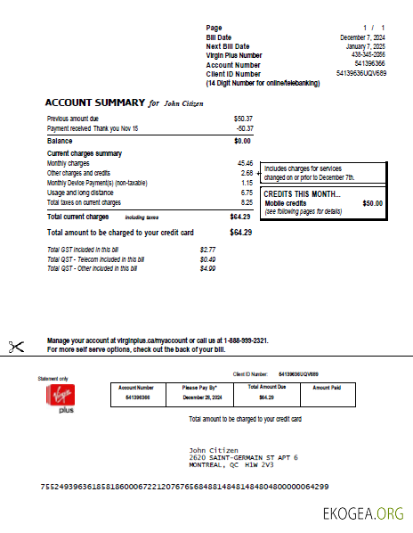 Canada Virgin Plus utility bill template in Word and PDF formats